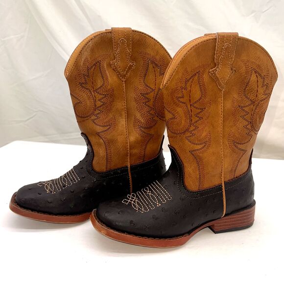 Roper Western Boots Boys Ostrich Faux Little Kids 11 Black/Tan - Picture 1 of 8